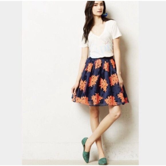 Anthropologie Maeve Pome Blossom Embroidered Tulle Full Skirt in Blue & Hot Pink - Picture 2 of 12